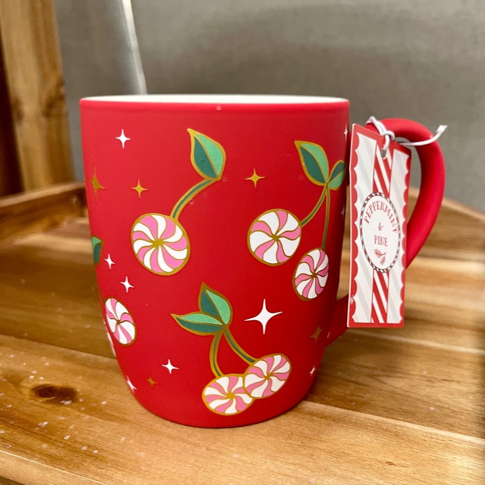 Pink Christmas Peppermint Cherries w/Metallic Gold Red Soft Touch Mug NWT